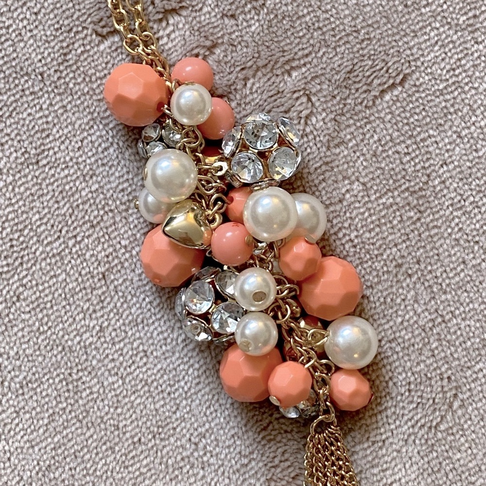 Long gold necklace with pearls & rhinestones